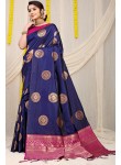 Divine Blue Soft Banarasi Silk Saree With Bewitching Blouse Piece