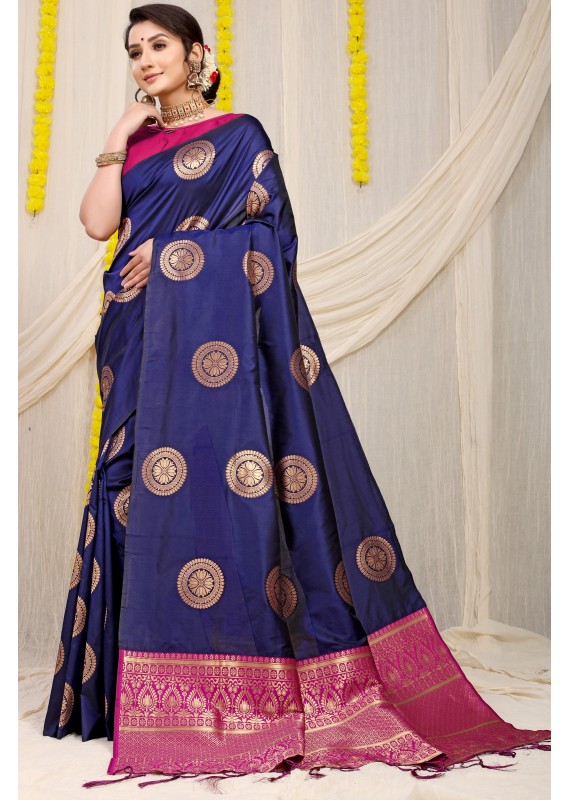 Divine Blue Soft Banarasi Silk Saree With Bewitching Blouse Piece