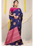 Divine Blue Soft Banarasi Silk Saree With Bewitching Blouse Piece