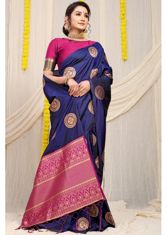 Divine Blue Soft Banarasi Silk Saree With Bewitching Blouse Piece