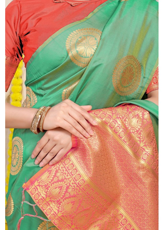 Marvellous Sea Green Soft Banarasi Silk Saree With Unique Blouse Piece