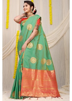 Marvellous Sea Green Soft Banarasi Silk Saree With Unique Blouse Piece