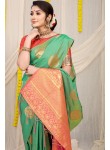 Marvellous Sea Green Soft Banarasi Silk Saree With Unique Blouse Piece