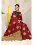 Lassitude Maroon Soft Banarasi Silk Saree With Lissome Blouse Piece