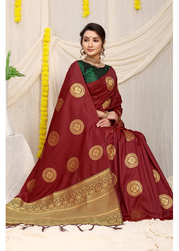 Lassitude Maroon Soft Banarasi Silk Saree With Lissome Blouse Piece