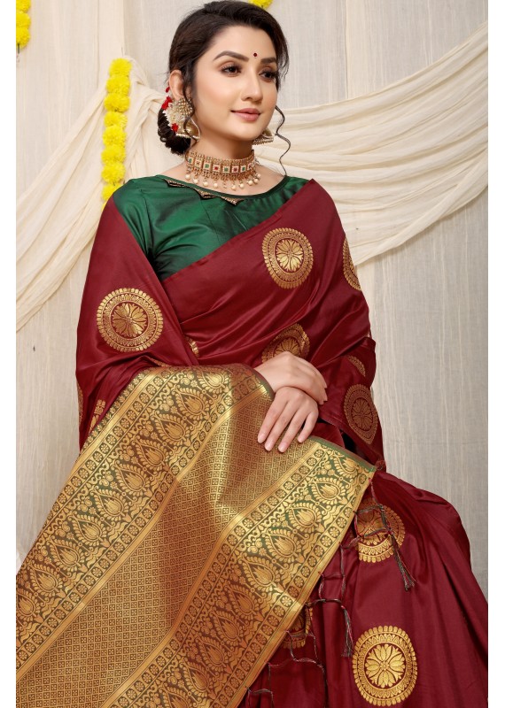 Lassitude Maroon Soft Banarasi Silk Saree With Lissome Blouse Piece