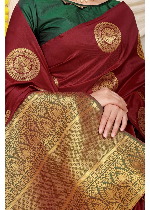 Lassitude Maroon Soft Banarasi Silk Saree With Lissome Blouse Piece