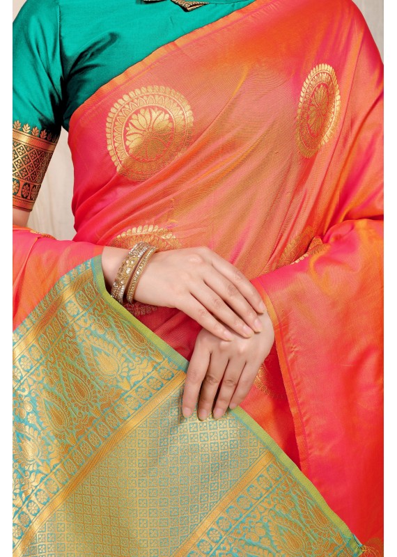 Groovy Peach Soft Banarasi Silk Saree With Angelic Blouse Piece