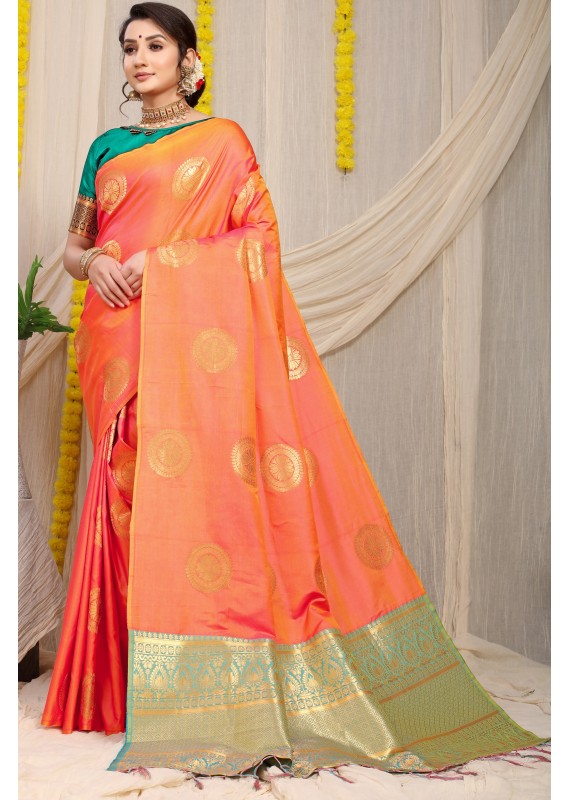 Groovy Peach Soft Banarasi Silk Saree With Angelic Blouse Piece