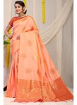 Sensational Peach Soft Banarasi Silk Saree With Attractive Blouse Piece