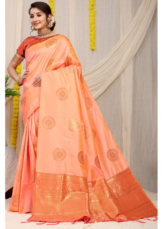 Sensational Peach Soft Banarasi Silk Saree With Attractive Blouse Piece