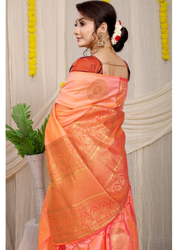 Sensational Peach Soft Banarasi Silk Saree With Attractive Blouse Piece