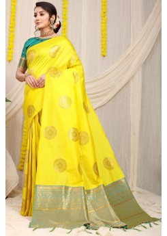 Assemblage Yellow Soft Banarasi Silk Saree With Demesne Two Blouse Piece