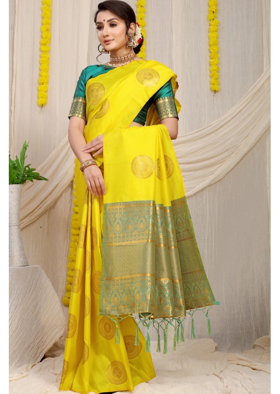 Assemblage Yellow Soft Banarasi Silk Saree With Demesne Two Blouse Piece