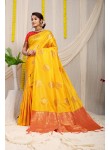 Improbable Yellow Soft Banarasi Silk Saree With Exuberant Blouse Piece