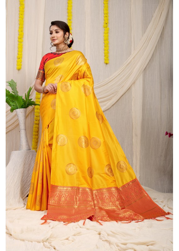 Improbable Yellow Soft Banarasi Silk Saree With Exuberant Blouse Piece