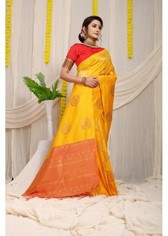 Improbable Yellow Soft Banarasi Silk Saree With Exuberant Blouse Piece