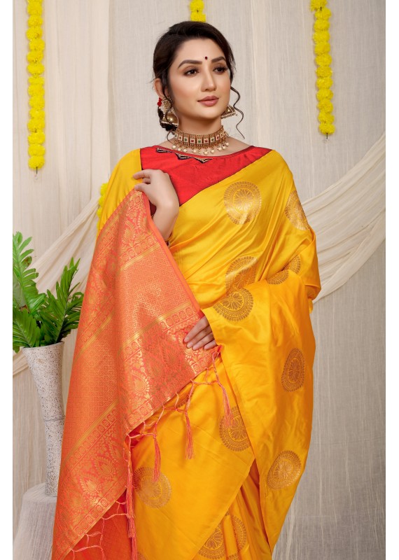 Improbable Yellow Soft Banarasi Silk Saree With Exuberant Blouse Piece
