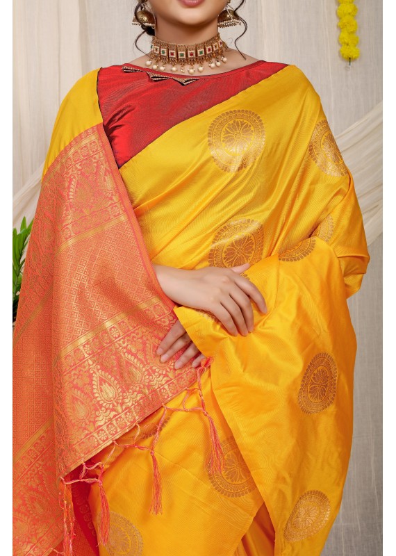 Improbable Yellow Soft Banarasi Silk Saree With Exuberant Blouse Piece
