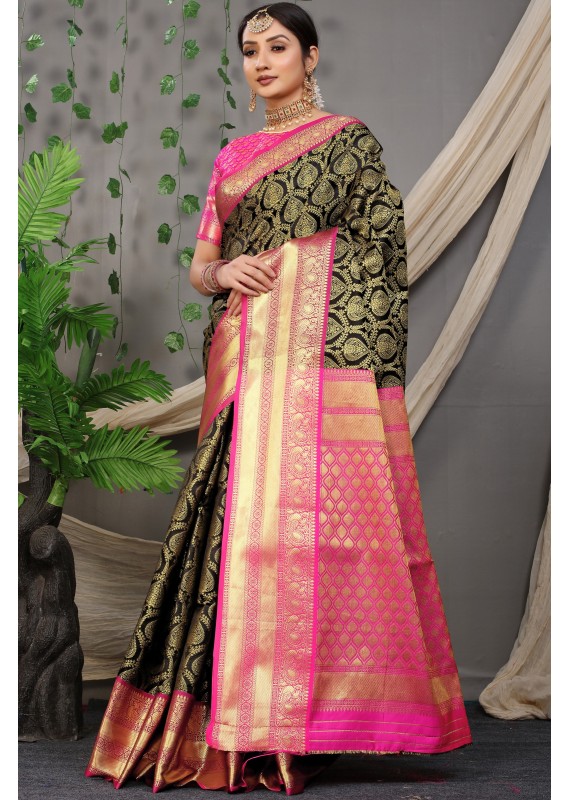 Devastating Black Banarasi Silk Saree and Magnetic Peach Blouse Piece