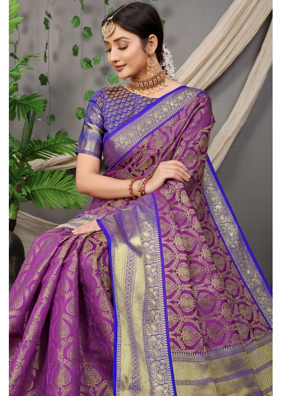 Quintessential Purple Soft Banarasi Silk Saree With Nemesis Blouse Piece