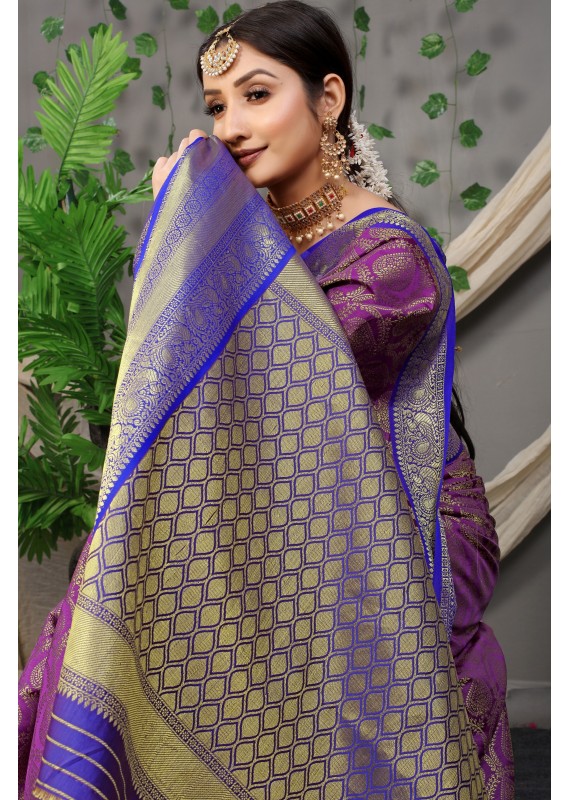 Quintessential Purple Soft Banarasi Silk Saree With Nemesis Blouse Piece