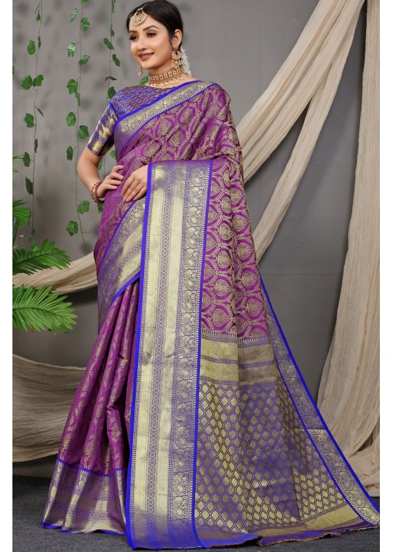 Quintessential Purple Soft Banarasi Silk Saree With Nemesis Blouse Piece