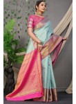 Delectable Sky Blue Soft Banarasi Silk Saree With Magnetic Black Blouse Piece