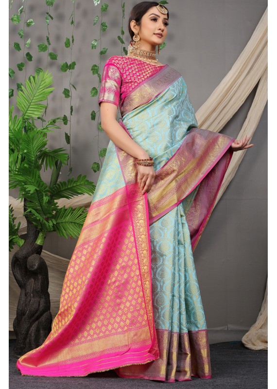 Delectable Sky Blue Soft Banarasi Silk Saree With Magnetic Black Blouse Piece