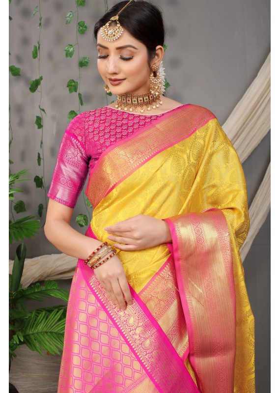 Admirable Yellow Soft Silk Saree With Angelic Blouse Piece