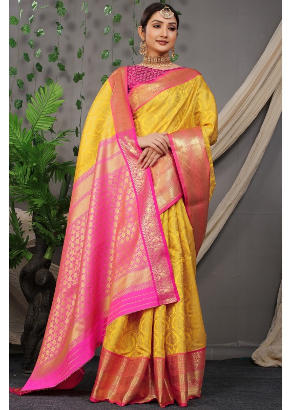 Admirable Yellow Soft Silk Saree With Angelic Blouse Piece