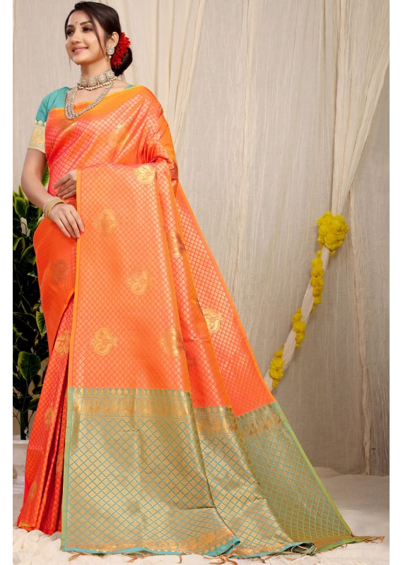 Lassitude Orange Soft Banarasi Silk Saree With Lissome Blouse Piece