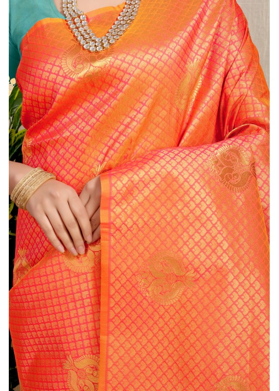 Lassitude Orange Soft Banarasi Silk Saree With Lissome Blouse Piece