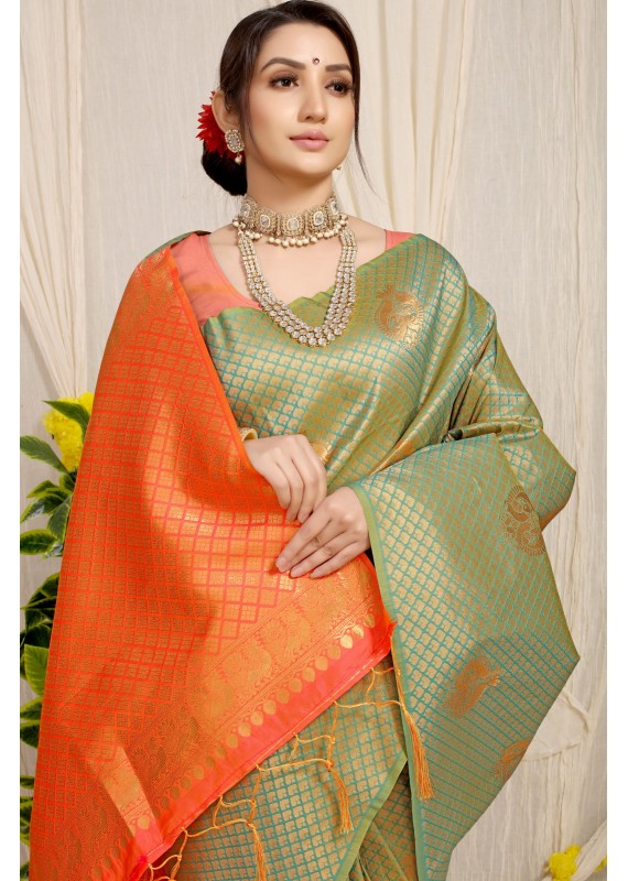 Marvellous Pista Soft Banarasi Silk Saree With Unique Blouse Piece