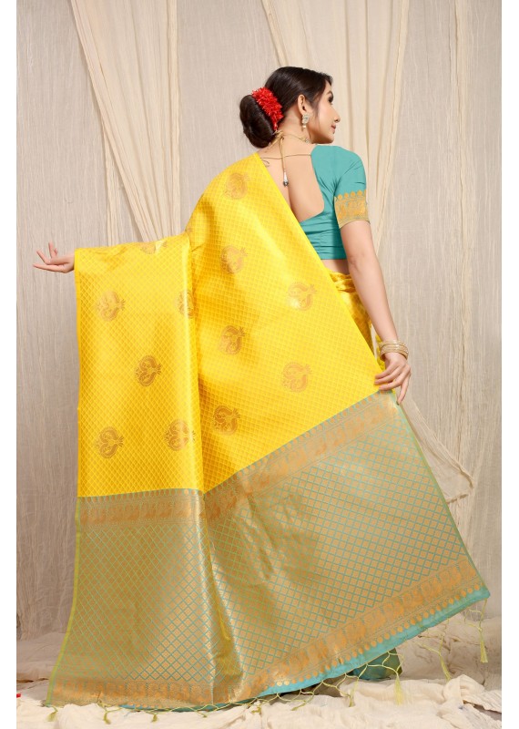 Radiant Yellow Soft Banarasi Silk Saree With Girlish Blouse Piece