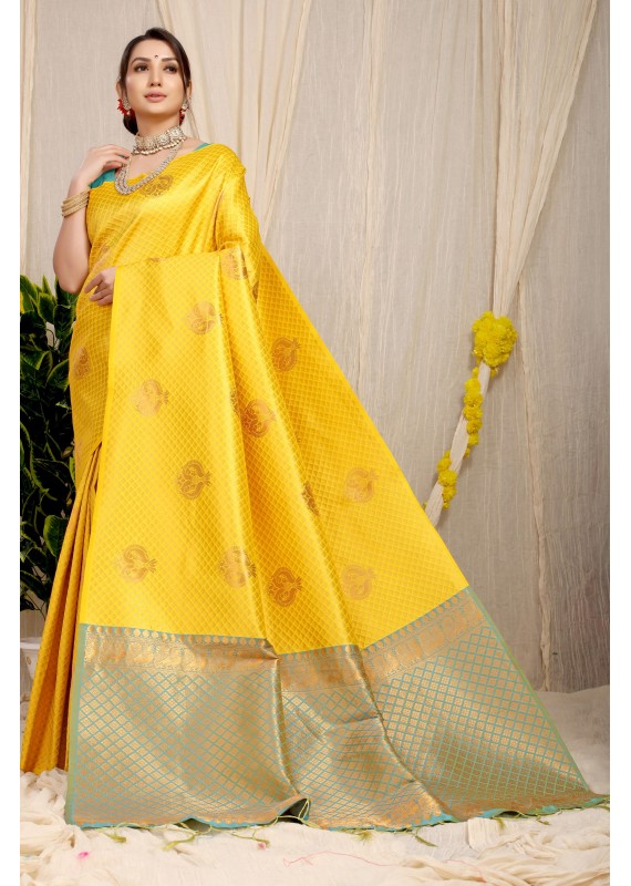 Radiant Yellow Soft Banarasi Silk Saree With Girlish Blouse Piece