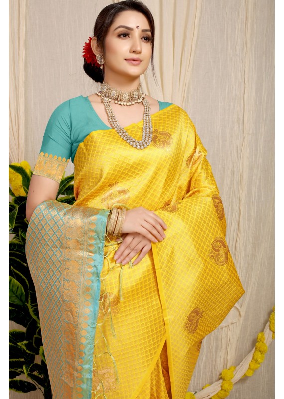 Radiant Yellow Soft Banarasi Silk Saree With Girlish Blouse Piece