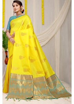 Marvellous Yellow Soft Banarasi Silk Saree With Unique Blouse Piece