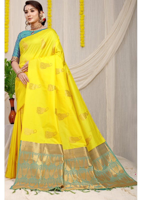 Marvellous Yellow Soft Banarasi Silk Saree With Unique Blouse Piece