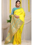 Marvellous Yellow Soft Banarasi Silk Saree With Unique Blouse Piece