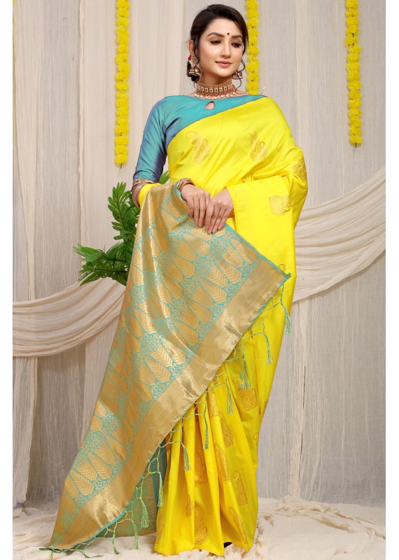 Marvellous Yellow Soft Banarasi Silk Saree With Unique Blouse Piece