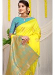 Marvellous Yellow Soft Banarasi Silk Saree With Unique Blouse Piece