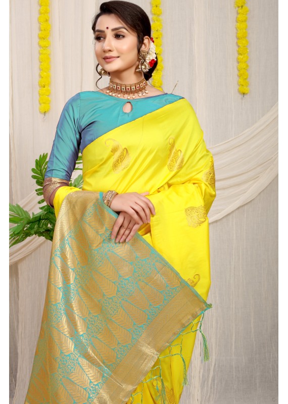 Marvellous Yellow Soft Banarasi Silk Saree With Unique Blouse Piece