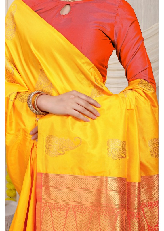 Lassitude Yellow Soft Banarasi Silk Saree With Lissome Blouse Piece