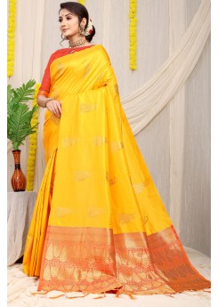 Lassitude Yellow Soft Banarasi Silk Saree With Lissome Blouse Piece