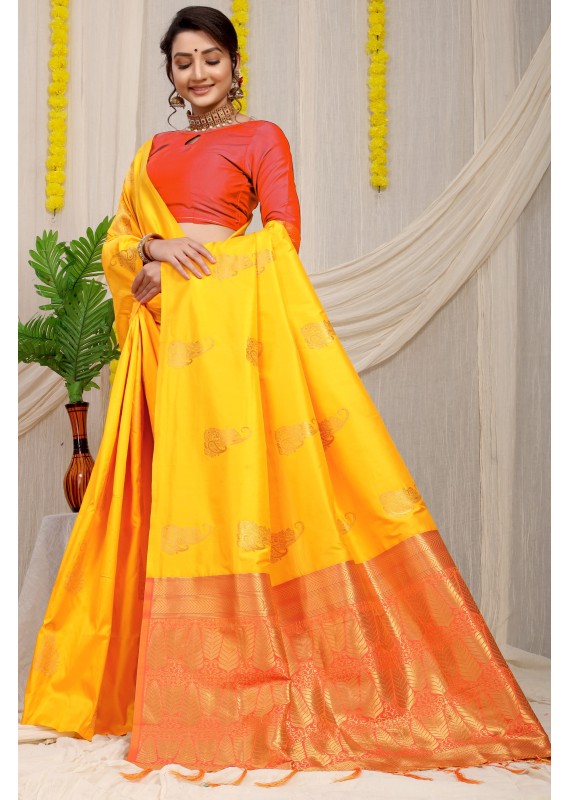 Lassitude Yellow Soft Banarasi Silk Saree With Lissome Blouse Piece