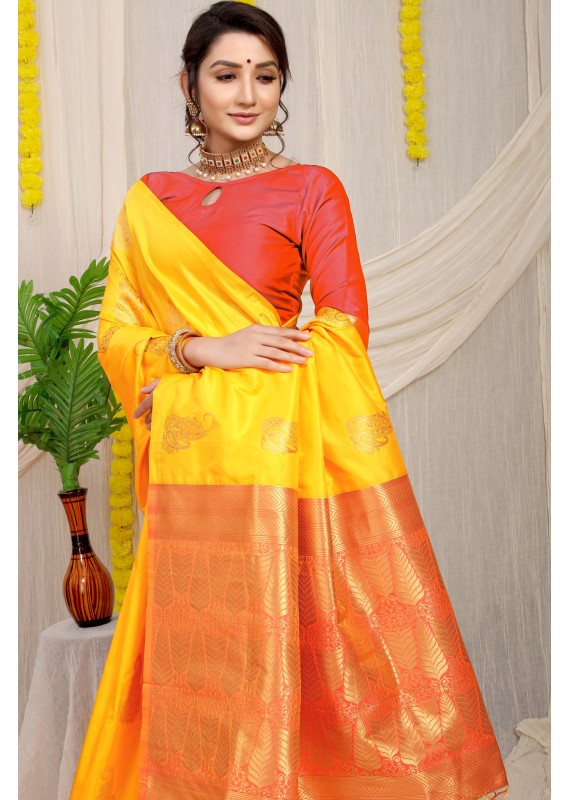 Lassitude Yellow Soft Banarasi Silk Saree With Lissome Blouse Piece