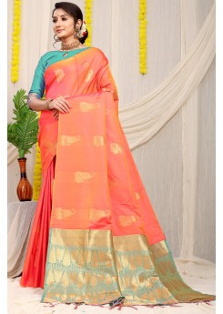 Luxuriant Peach Soft Banarasi Silk Saree With Splendorous Blouse Piece