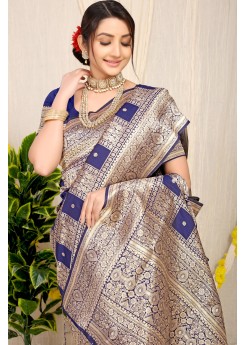 Divine Blue Soft Banarasi Silk Saree With Bewitching Blouse Piece