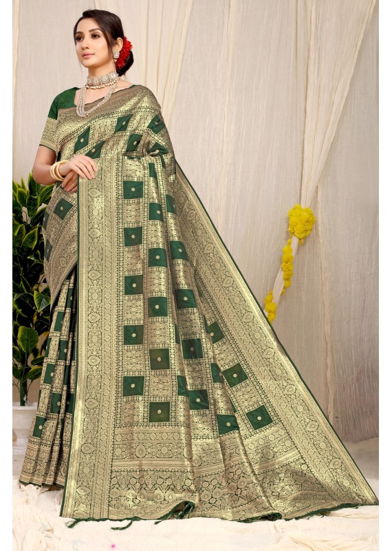 Scintilla Green Soft Banarasi Silk Saree With Palimpsest Blouse Piece